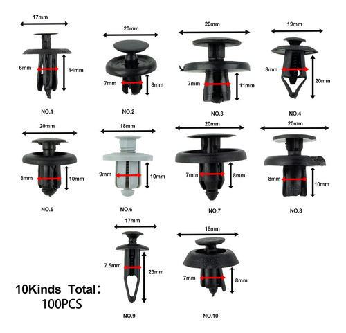 Clips De Cierre Bumper Auto Set, 100 Unidades, Mezclados