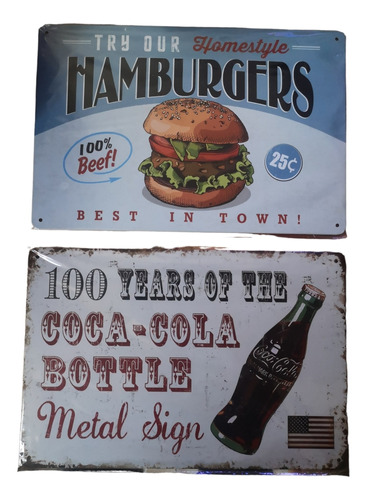 2 Letrero Metalicos Vintage De 20x30cm, Hamburger + Cocacola