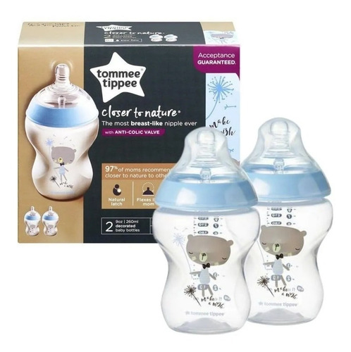 Imagem 2 de 5 de Kit 2 Mamadeiras Tommee Tippee Anticolic 260ml Azul Decorada