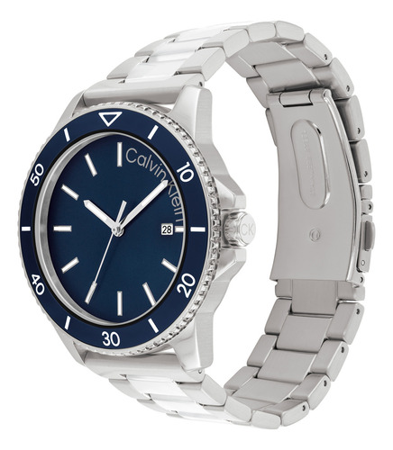 Reloj Calvin Klein Hombre 25200385 Detalles Impresionantes Correa Plata Bisel Azul Fondo Armada