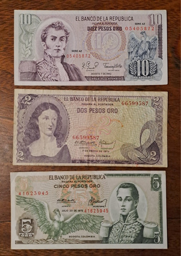 Colombia X 3 Billetes Incluye 5 Pesos Oro 1975. Usados !!!