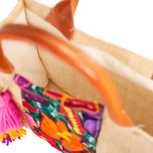 Bolso Artesanal Tipo Shoper En Yute Con Telar Artesanal Flor Diseño De La Tela Marimar Chica