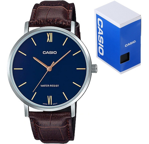 Reloj pulsera Casio MTP-VT01 con correa de cuero color marrón - fondo azul - bisel plateado