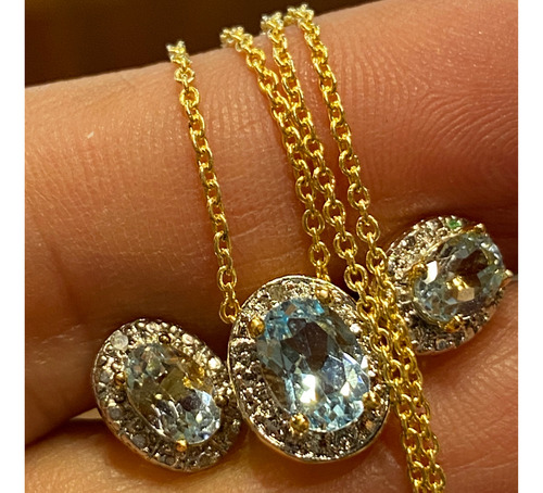 Luli Cadena Dije Caravana Topacio Celeste Diamante Plata Oro