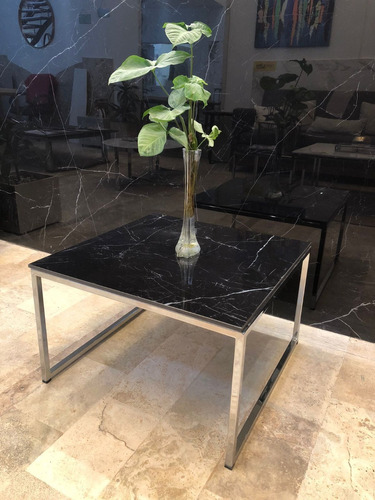 Mesa De Living 65x65 Spl Negro Marquina 12mm Cromo. Sale