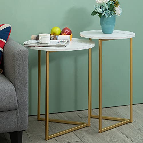 Gold Side Table Set Of 2, Nesting Marble End White Acce...