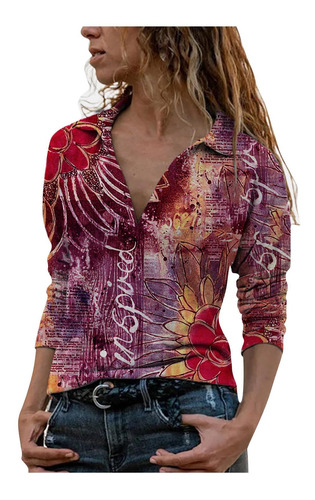 Tops Mujer Estampado Flores Voltear Manga Larga Pullove 6484