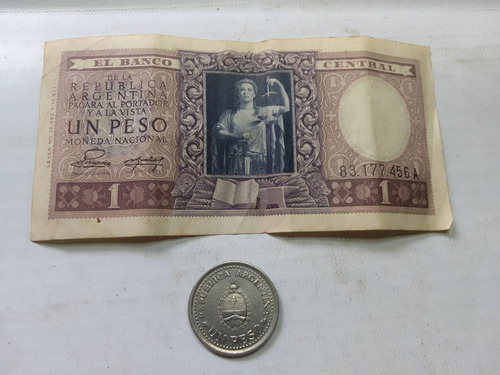 Moneda 1 Peso Argentina Conmemorativa 1960 + Billete (Usado)