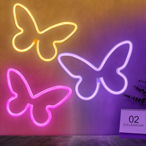 ~? Brightdeck 3 Pcs Butterfly Neon Signs, Luz De Neón Para D