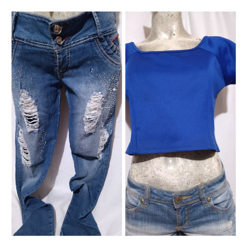 Duo Jeans Sexy Con Brillos Detalle + Crop Top Azul V O Y K