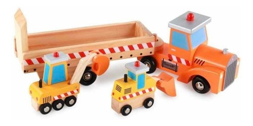 Juguete Madera Camión Rampa Autos De Construcción Niños Color Naranja