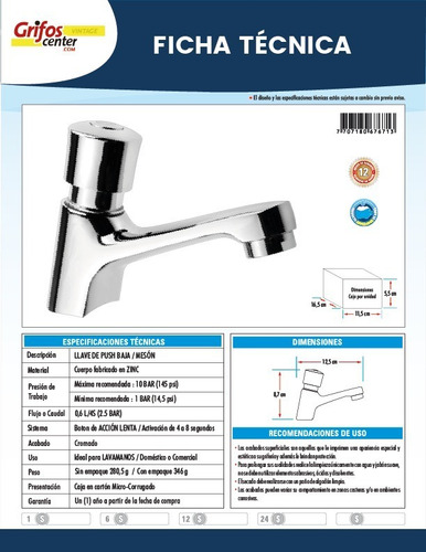 Imagen 2 de 4 de Llave Lavamanos De Push Cierre Automático Economizadora