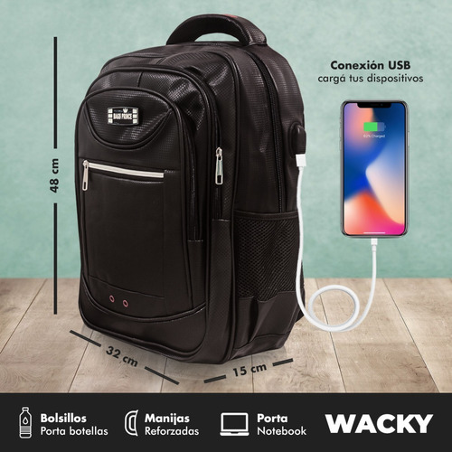 Imagen 2 de 8 de Mochila Hombre Pu 18 Portanotebook Usb Wacky Varios Colores