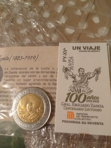 Moneda De Emiliano Zapata Y Boleto Del Metro Conmemorativo