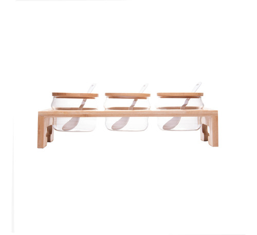 Porta Temperos de Vidro Borossilicato com Tampa e Suporte de Bambu Conjunto Com 3 Potes de 230ml - Wolff