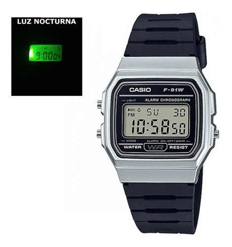 Reloj de pulsera Casio Collection F-91 de cuerpo color plateado, digital, fondo gris, con correa de resina color negro, dial negro, minutero/segundero negro, bisel color plateado y hebilla simple