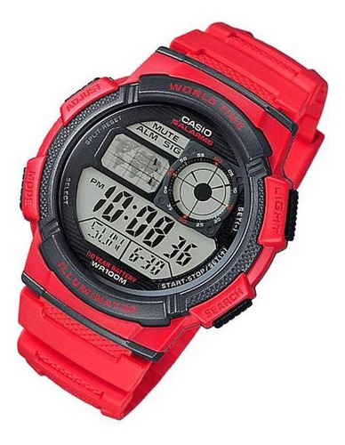 Reloj de pulsera Casio Youth Series AE-1000 de cuerpo color rojo, digital, para hombre, fondo negro, con correa de resina color rojo, dial negro, subesferas color gris, minutero/segundero negro, bisel color negro, luz ámbar y hebilla simple