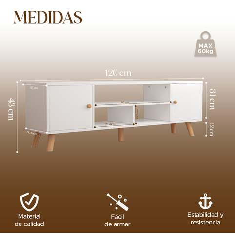 Repisa Mueble MPT01BE-B1 para Tv Centro de Entretenimiento Vintage Color Blanco