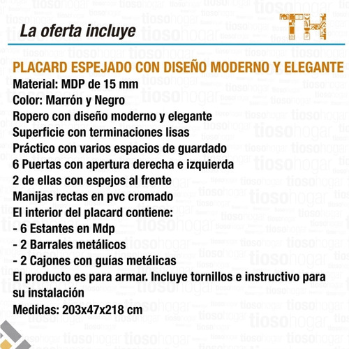 Imagen 6 de 10 de Placard Premium 2 Metros 6 Puertas Cajones Espejo Mode Envio