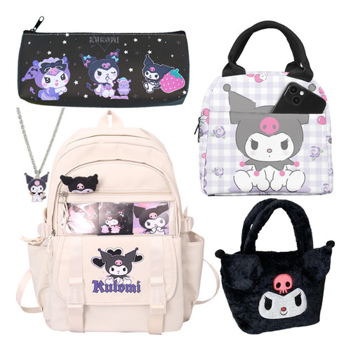 Juego De 5 Mochilas Kuromi Con Dibujos Animados, Bolsa Para Color Beige Diseño De La Tela Beige