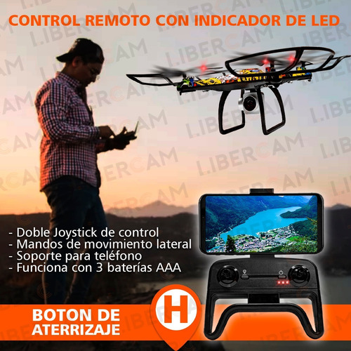 Drone Cuadricoptero Dual Camara Hd Wifi Libercam DRON-VR Transmite Al Telefono Luz Led + Lentes