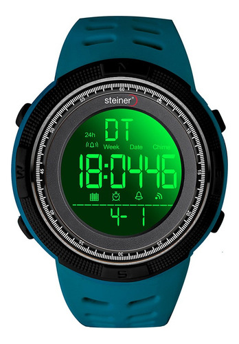 Reloj Digital Sport Para Caballero 43mm Steiner 3atm Con Luz Correa Azul aqua Bisel Negro Fondo Negro