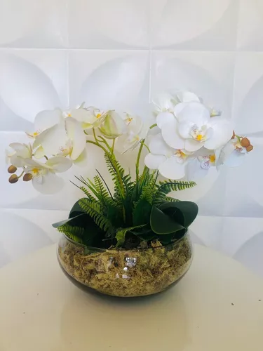 Arranjo Orquídeas Em Silicone Toque Real, Vaso Grande Mesa