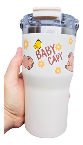 Garrafa Térmica Com Alça, 650ml Capivara Inox Parede Dupla Bege