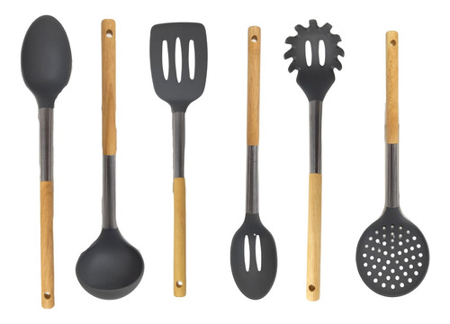 Set X6 Utensilios Cocina Silicona Antiadherente Mango Madera