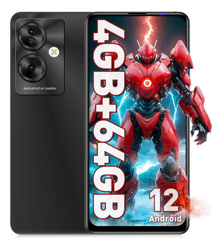 Teléfono Celular A65 Dual Sim 64 GB+4 GB Ram 6.8 pulgadas Smartphone Android 12 HD 4500 mAh TF Card 128 GB con facial y huellas con GPS Bluetooth negro