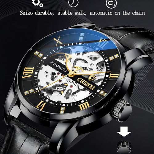 Reloj mecánico de cuero impermeable Chenxi para hombre, color de fondo dorado