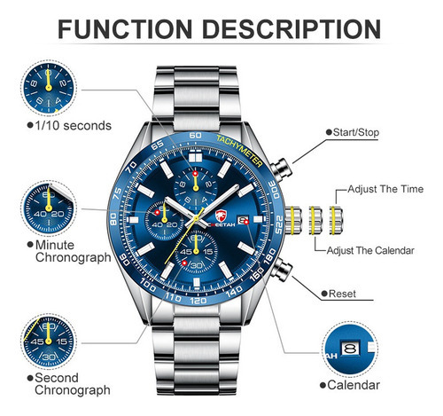 Reloj De Pulsera Luminoso Con Cronógrafo De Lujo Cheetah Color Del Fondo Plateado/azul