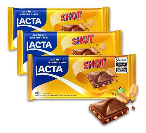 Chocolate Shot Com Amendoim Lacta Kit 3 Barras De 80g