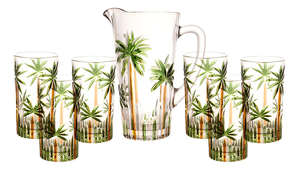 Conjunto Jarra Com 6 Copos Cristal Palm Tree Handpaint Wolff Coqueiros