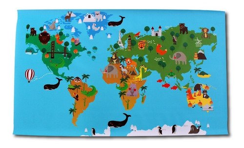 Tapete Didactico Banner Impreso Mapa Mundi Animales 1x0.6mt