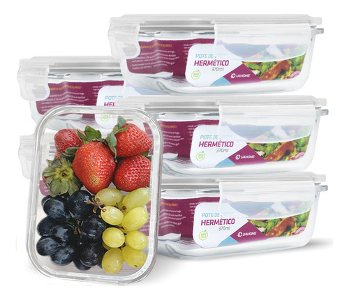Kit 6 Potes Vidro Hermético Retangular 370ml Papinha Pequeno Cor Branco