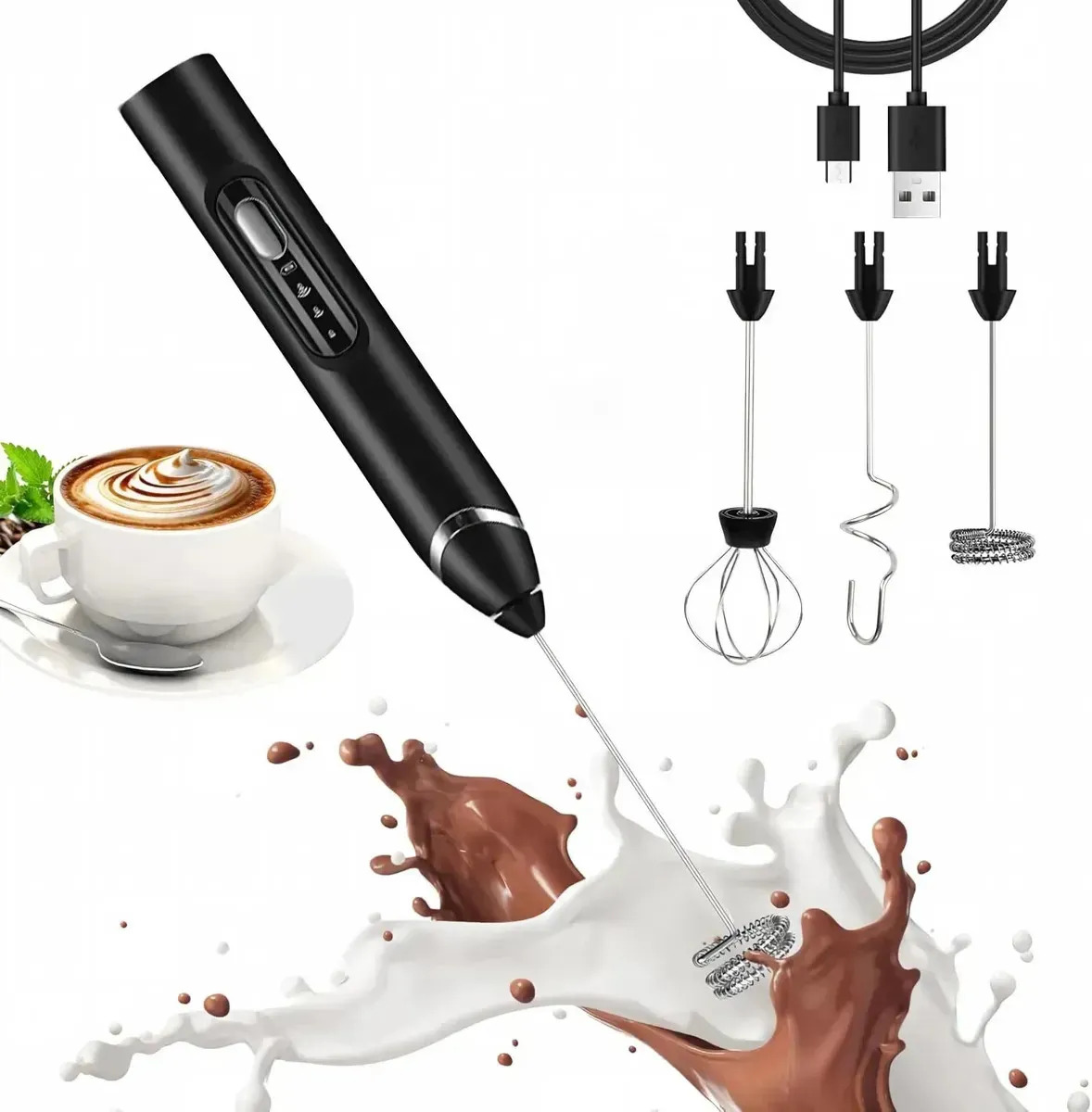 Batidor Eléctrico 3 en 1 para Capuchino y Huevos con 3 Velocidades, Negro