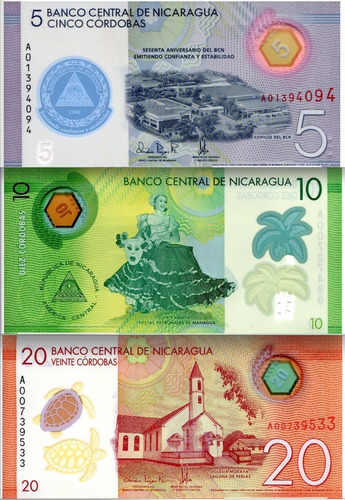 3 Billetes De Nicaragua 5-10-20 Córdobas Nuevos De Polímero