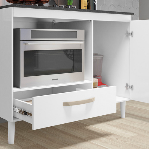 Balcão De Cozinha Compacto Évora Para Cooktop 4 E 5 Bocas Com 1 Gaveta E 1 Porta E Nicho Para Forno Multifuncional Cor Branco Sobreira Móveis