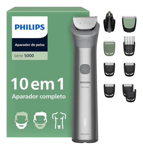 Philips Aparador de Pelos All-in-One Série 5000 10 em 1 | Versatilidade para rosto, cabelo e corpo | Tecnologia BeardSense | Até 120 min ...