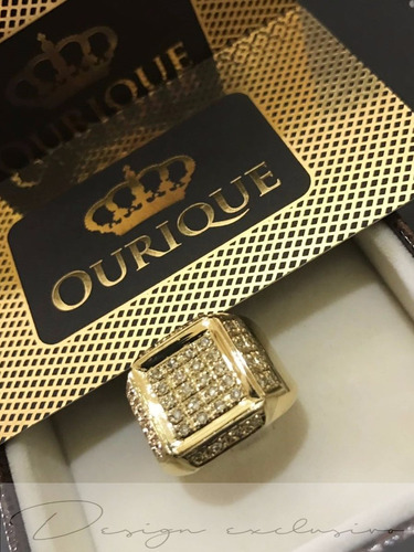 Anel Masculino De Ouro 18k 750 Com Bordas E Com Diamantes