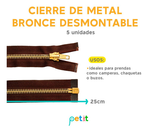 Cierre De Metal Bronce Desmontable 25cm Paquete X5 U. 108 Gris Oscuro