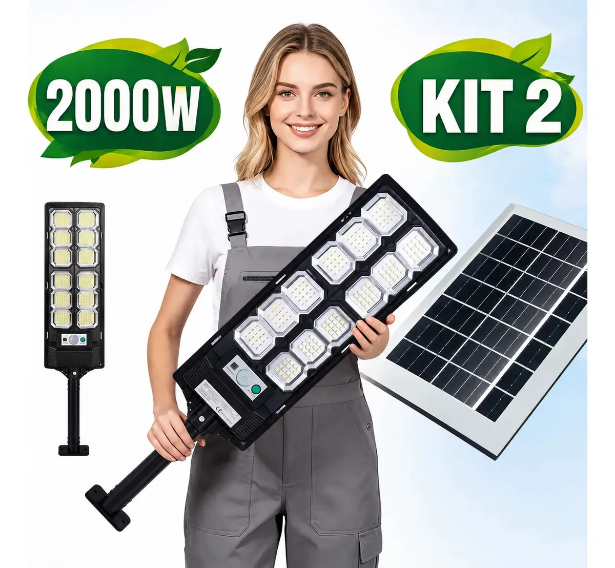 Kit 2 Refletor Led 2000w Com Sensor Luminaria Solar Externa Potente