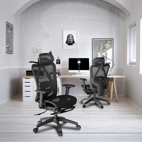 Silla De Escritorio Ergonómica Con Reposapiernas+percha Color Negro Material Del Tapizado Malla Transpirable
