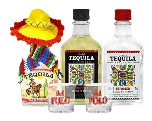 3 Tequila Panchitos Importada Kit Miniaturas 40ml + 2 Copos