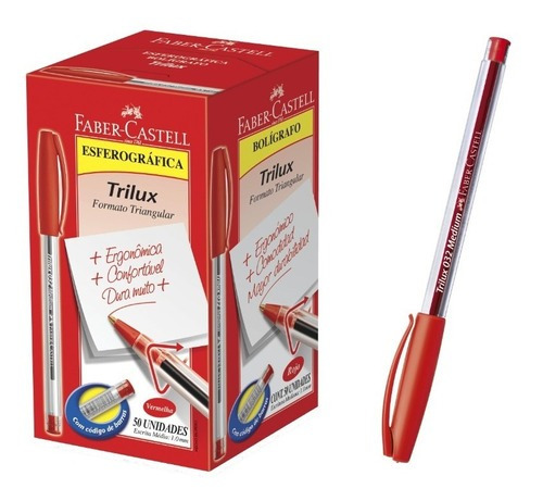 Caneta Esferográfica Trilux 1.0 Faber Castell 50 Unidades Tinta Vermelho