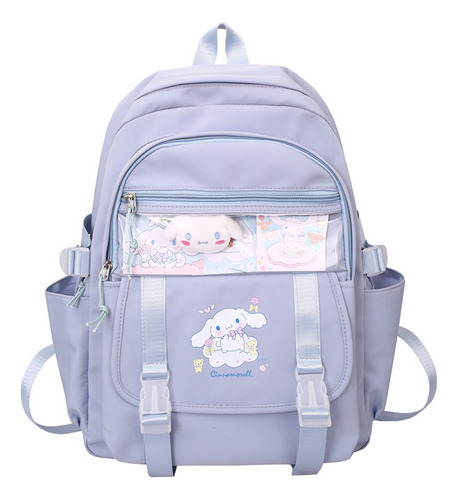 Mochila Kawaii Sanrio com alfinete, canetas e chaveiro para cor azul