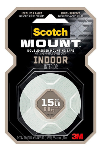 Cinta adhesiva doble faz 3M Scotch MOUNT INDOOR 1.39m x 2.54cm