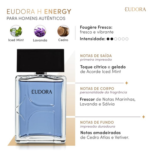 Eudora H Energy Colônia 100ml. Perfume Masculino Refrescante