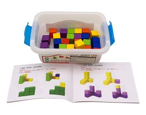 Juego De Bloques X30 Piezas Cubos De Madera Colores En Caja